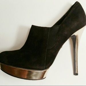 Size 7.5, Black & Gold Suede Ankle Booties